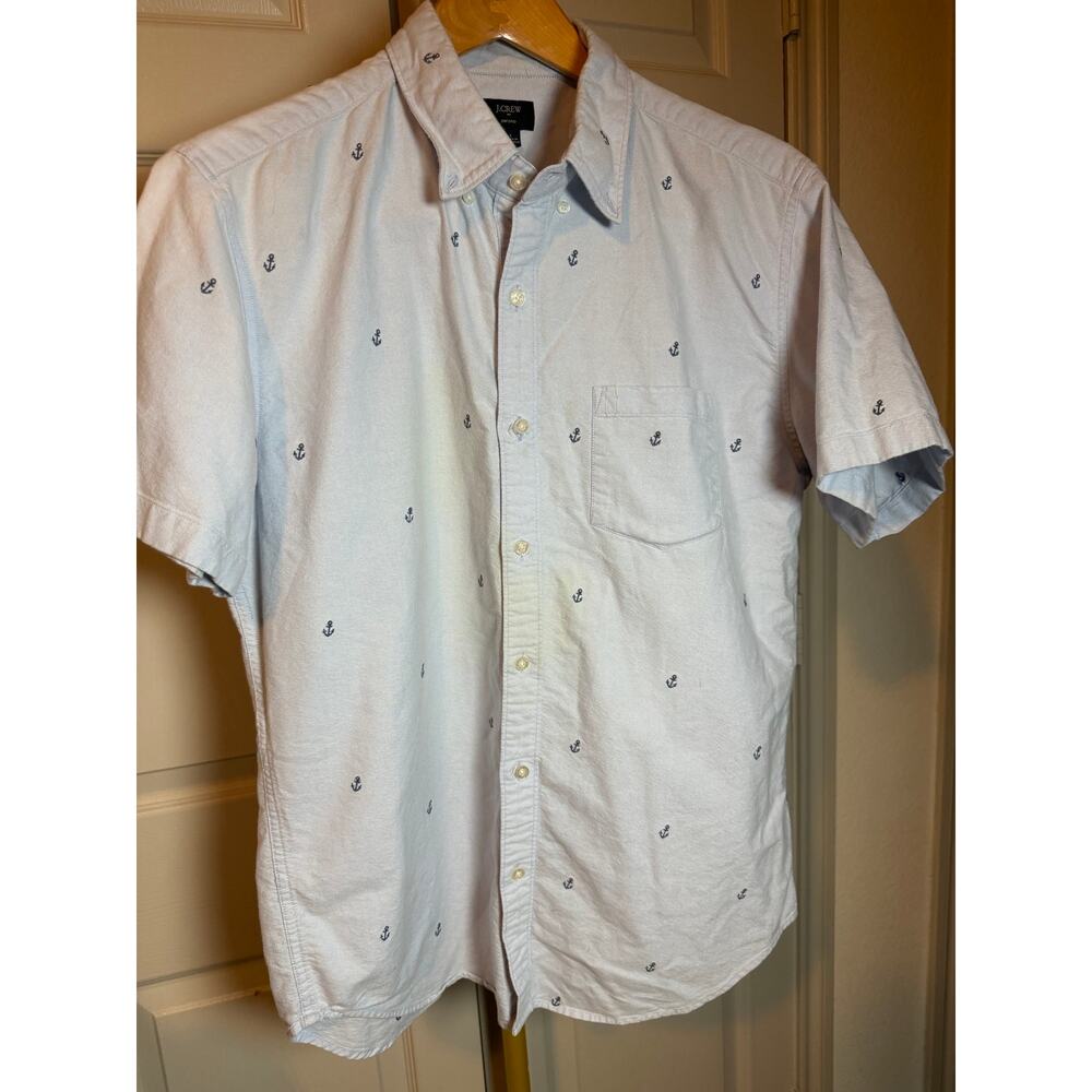 J.Crew mens blue oxford short-sleeve shirt featuring an embroidered anchor print